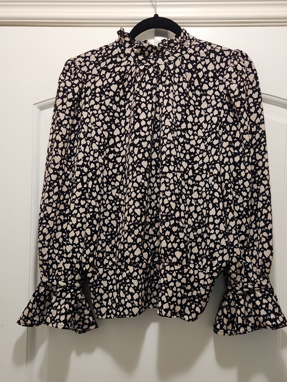 Black and Cream Heart-Print Ruffle Neck Blouse